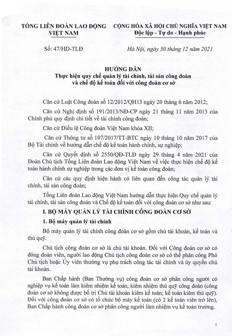 Hướng dẫn thực hiện quy chế quản lý tài chính, tài sản công đoàn và chế độ kế toán đối với CĐCS